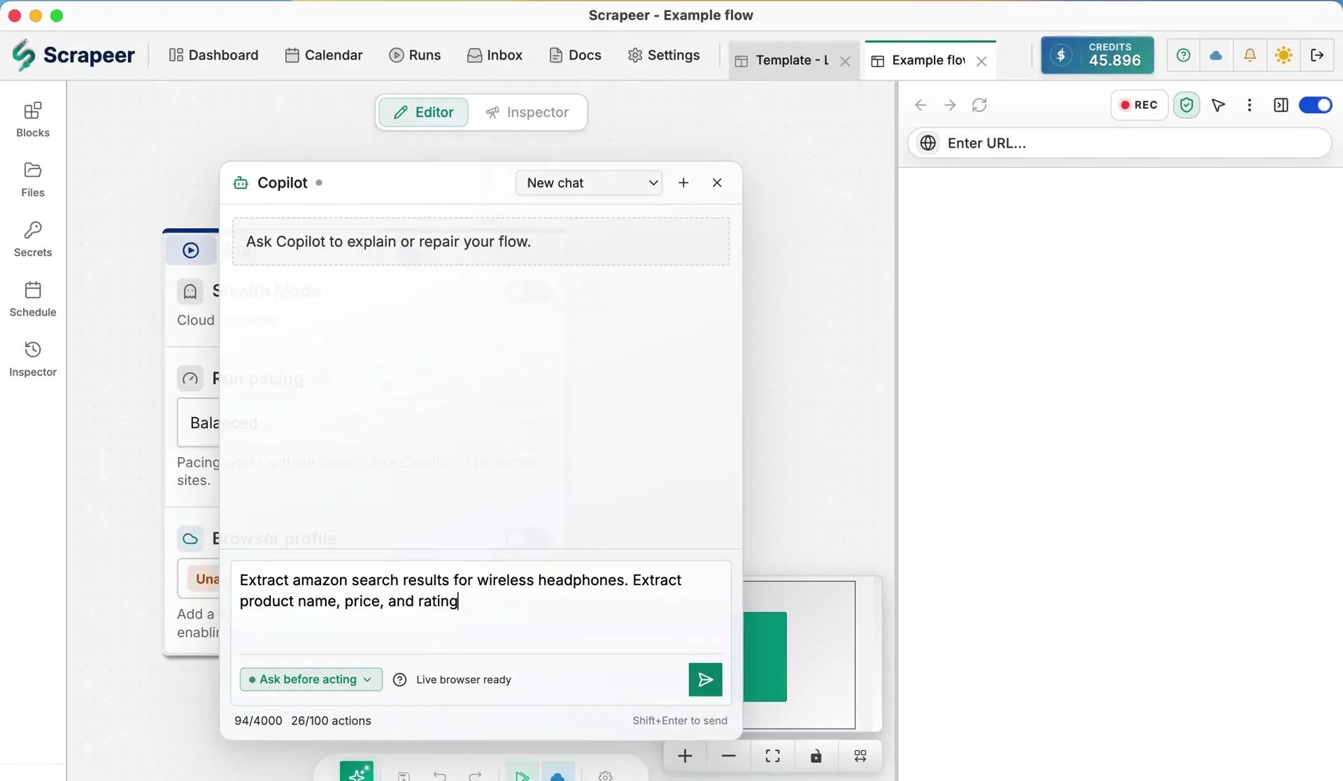 Scrapeer Copilot panel building automation blocks from a plain-language scraping request