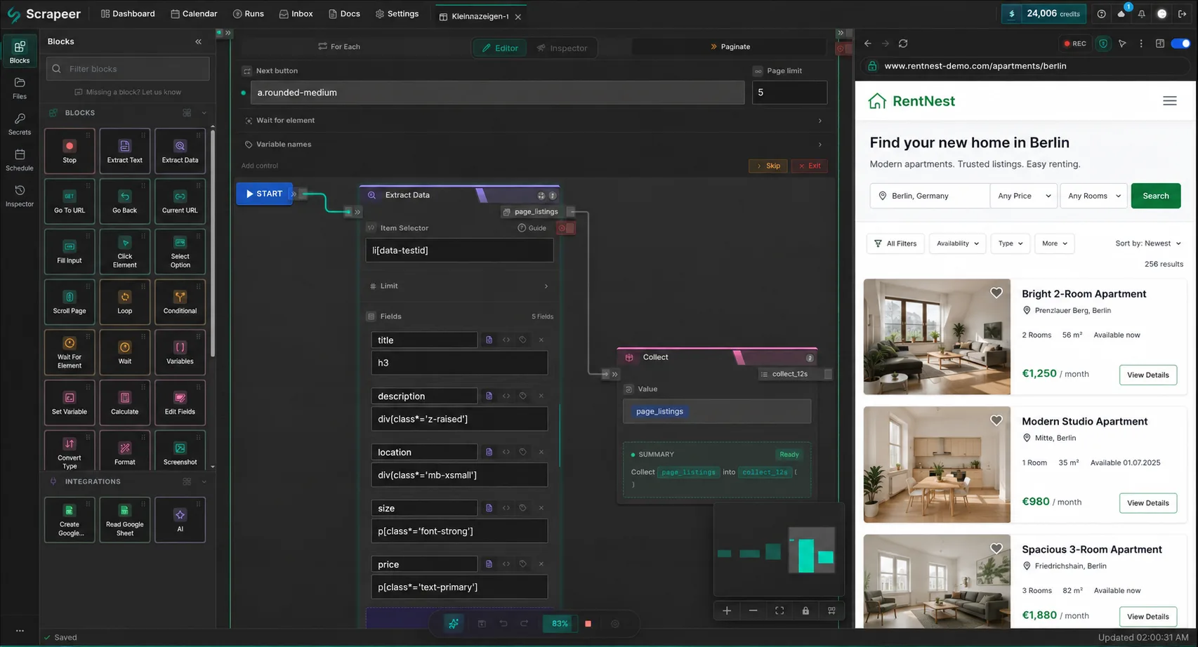 Scrapeer flow editor showing connected blocks beside the live browser preview during a scraping run