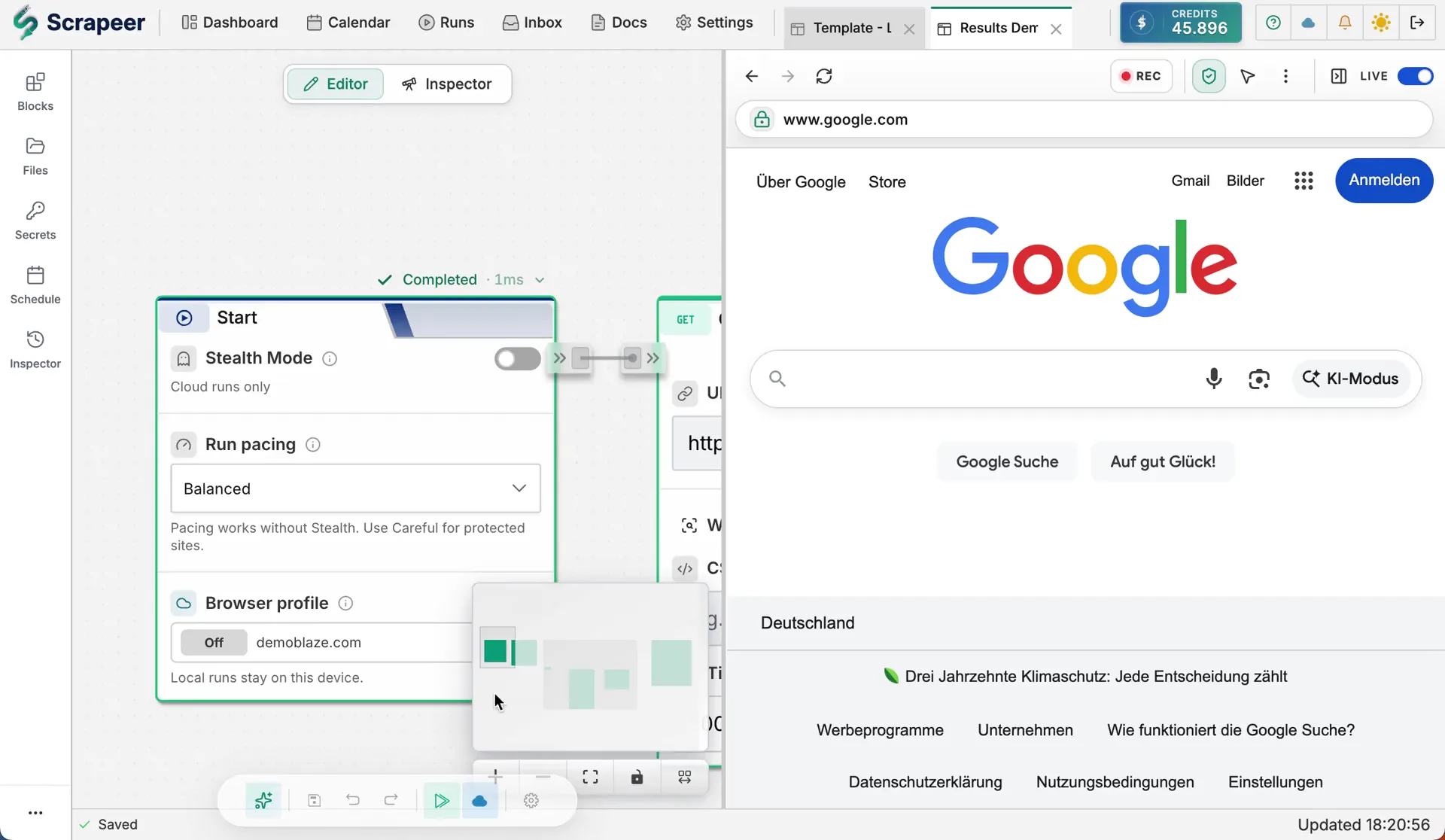 Scrapeer editor showing connected automation blocks beside a live browser preview during a scraping run