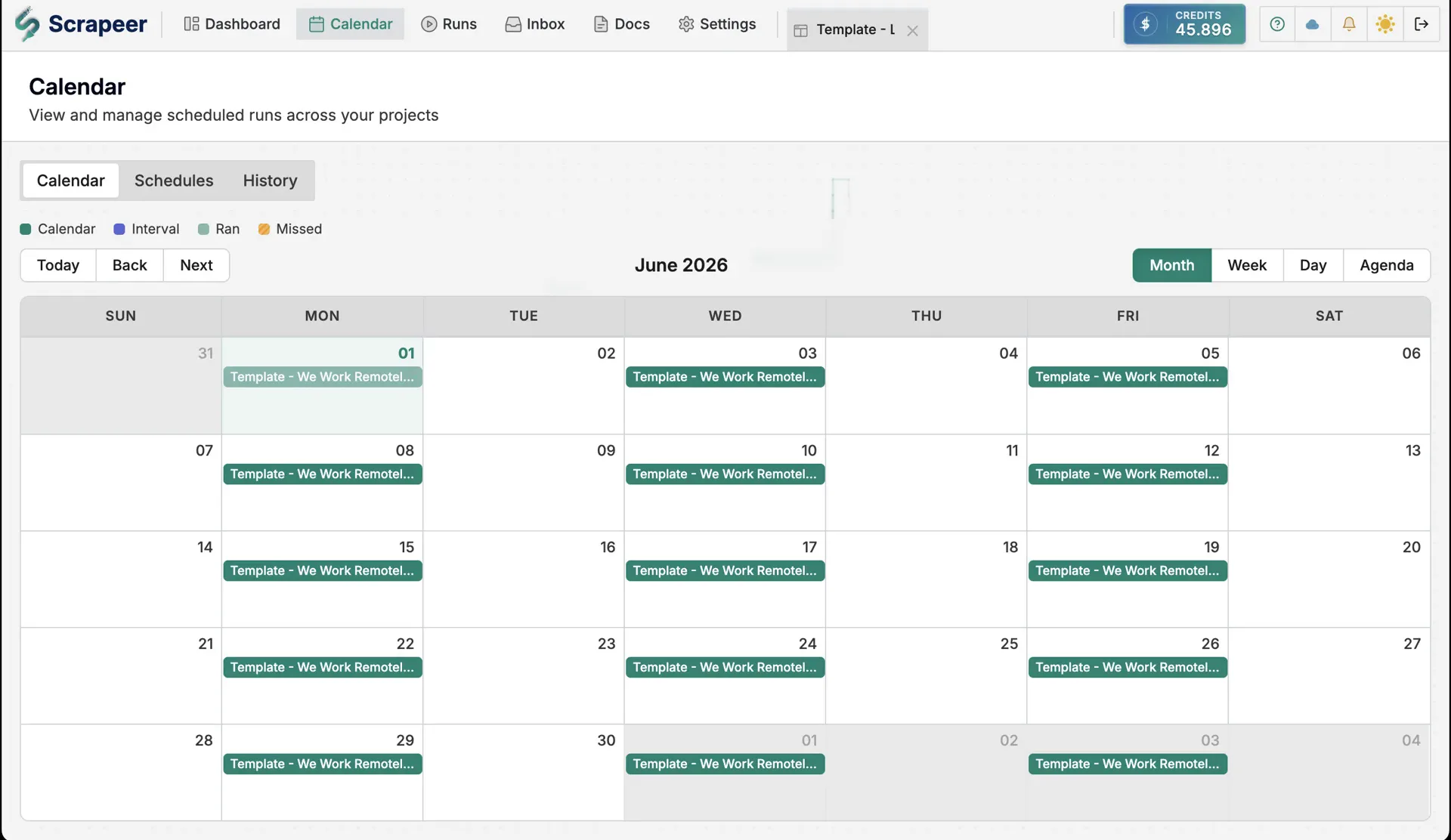 Scrapeer calendar showing a recurring scheduled workflow
