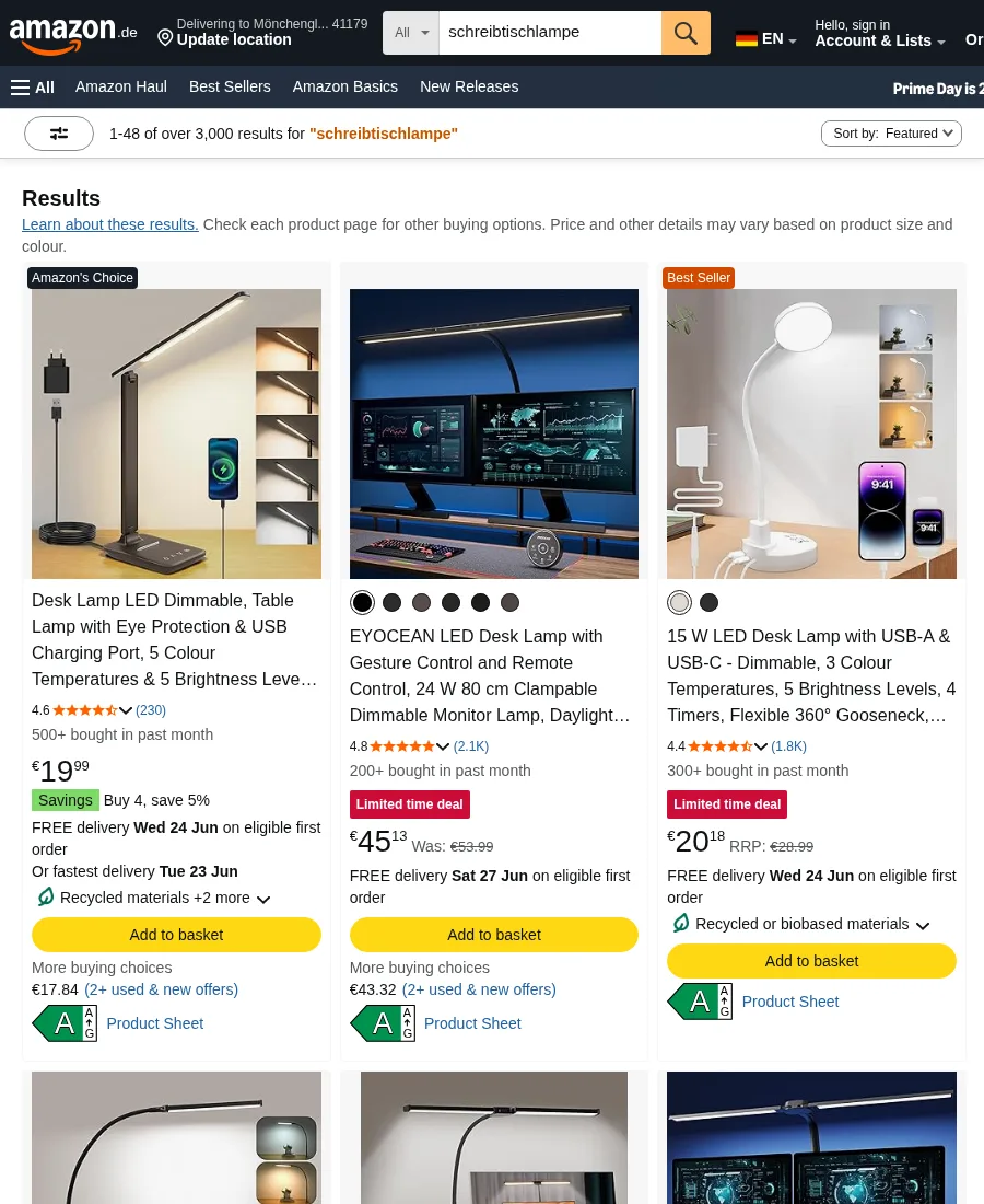 Screenshot of Amazon showing product cards, prices, and ratings