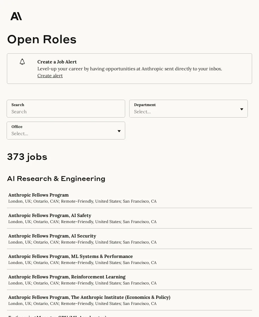 Screenshot of Anthropic's Greenhouse job board with filters and role rows