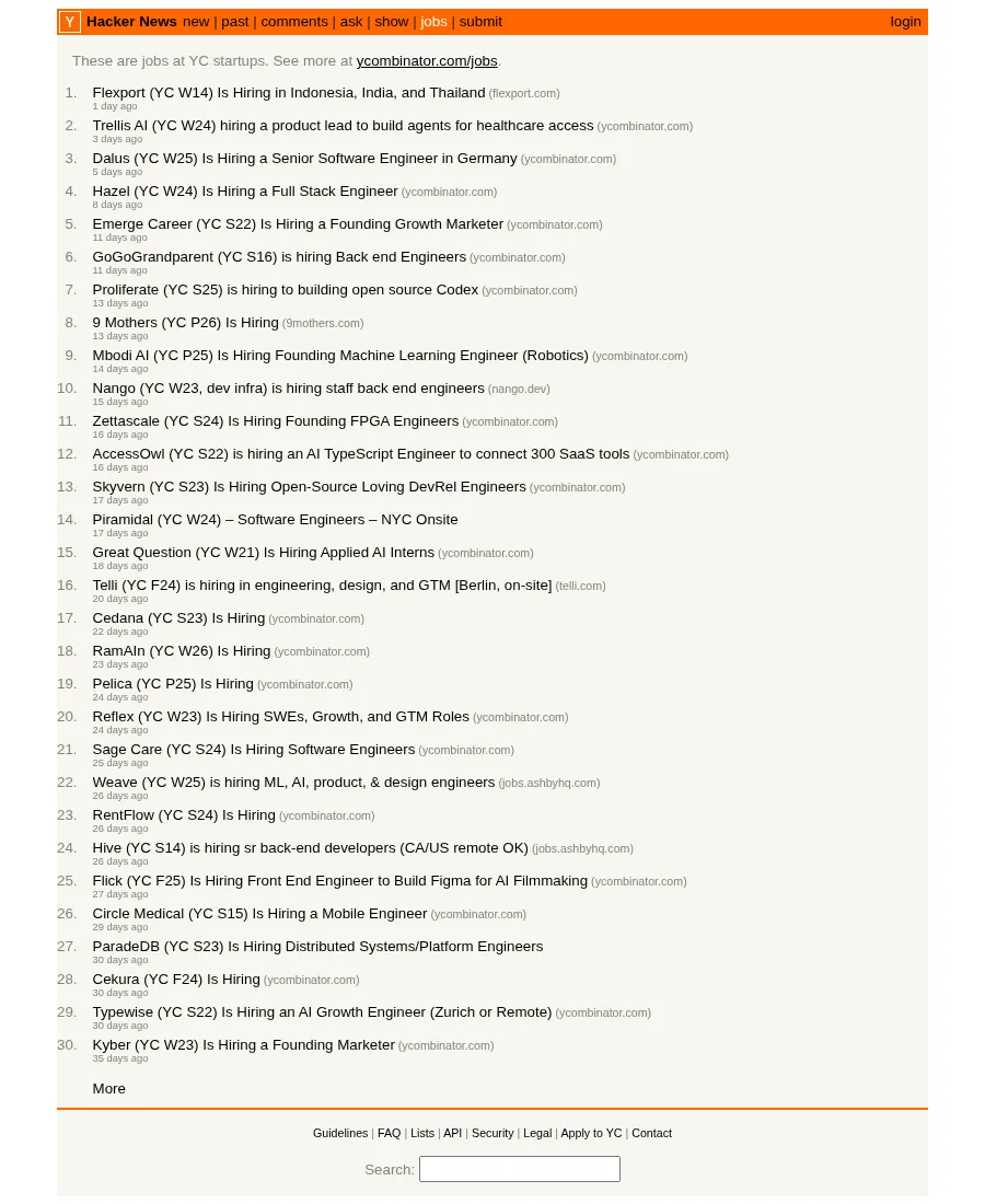 Screenshot of Hacker News Jobs with company and role listings