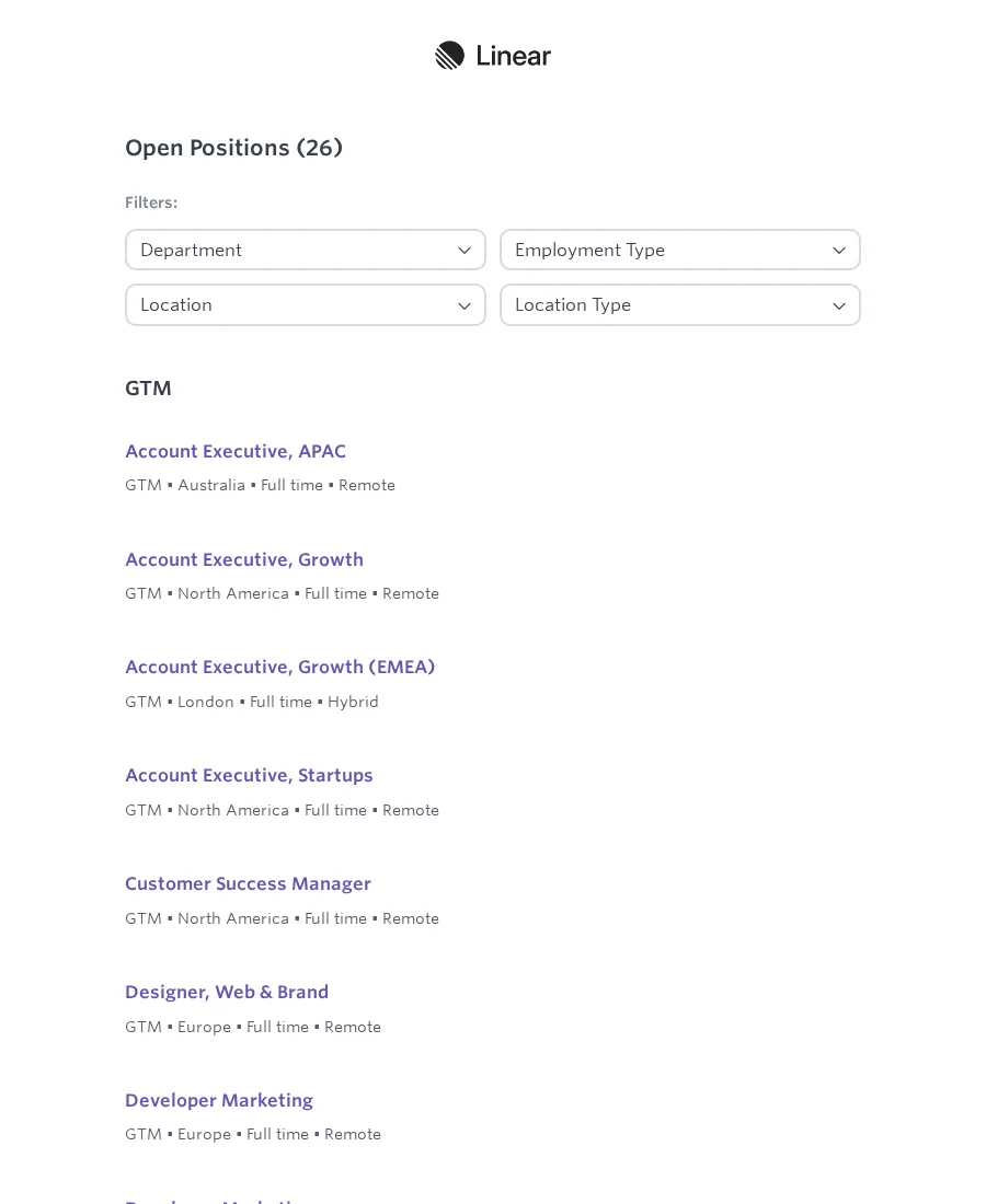 Screenshot of Linear's Ashby job board with open positions and filters