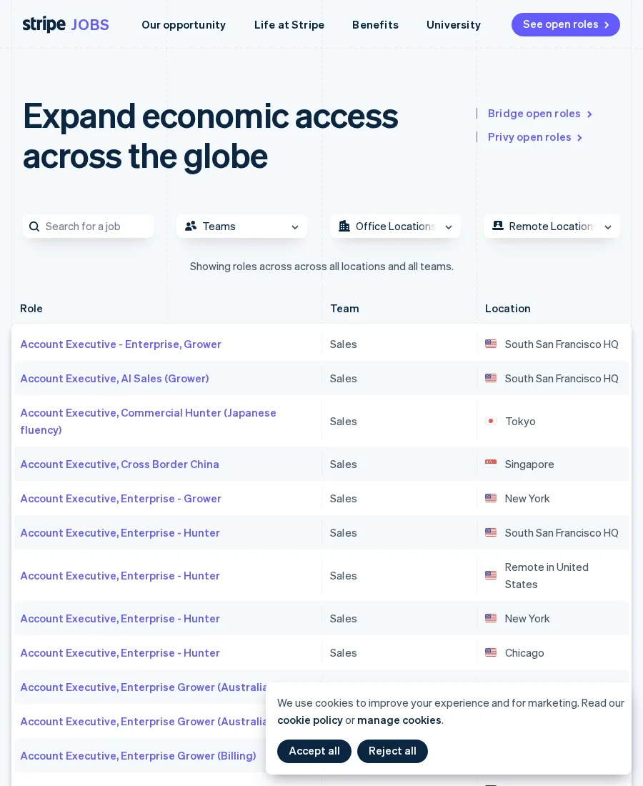Screenshot of Stripe Jobs with search filters and role rows