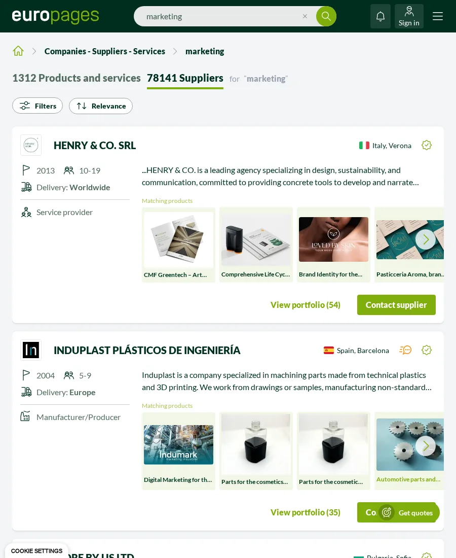 Screenshot of Europages supplier search results with company cards and filters