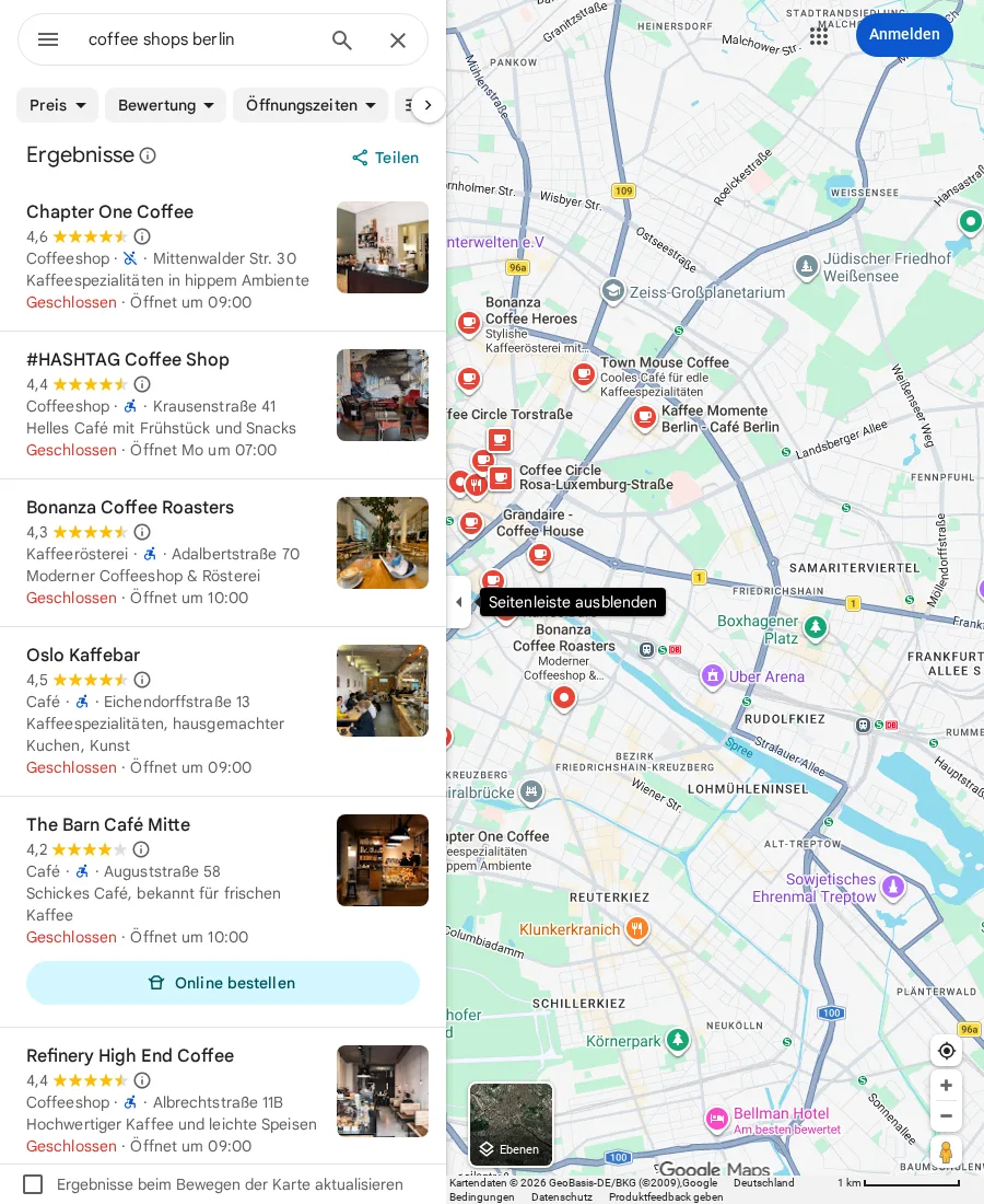 Screenshot of Google Maps search results with local business listings and map pins