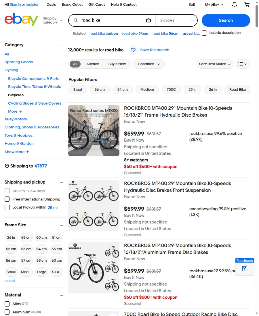 Screenshot of eBay marketplace search results ready for CSV export